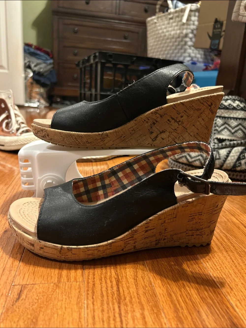 CROCS Black Slingback Wedge Sandals with Plaid Trim